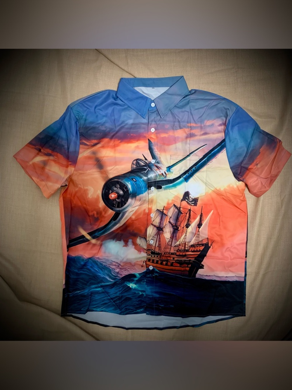 ✈️Men’s XXL Button-Up Graphic Shirt Airplane Pirate Ship Ocean Sunset NWOT